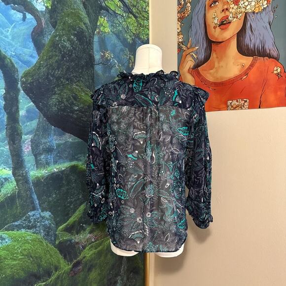 anthropologie sheer ruffle floral blouse xsp fairy boho top - Picture 4 of 9